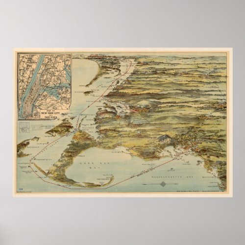 Vintage Cape Cod and NYC Steamboat Route Map Poster