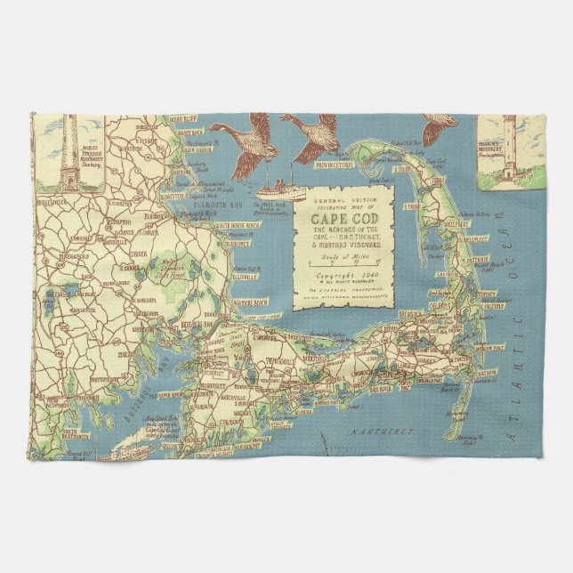 Vintage Cape Cod Map (1940) Kitchen Towel (Horizontal)