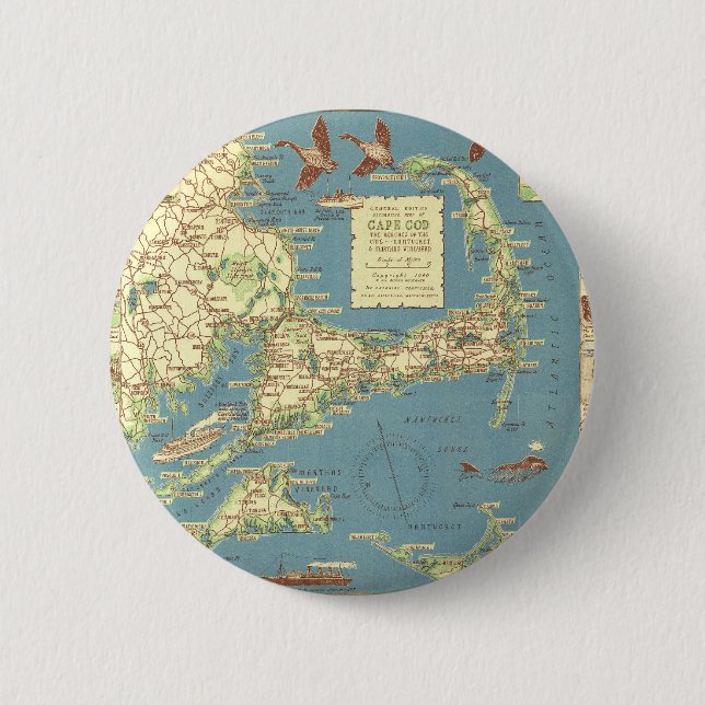Vintage Cape Cod Map (1940) Pinback Button (Front)