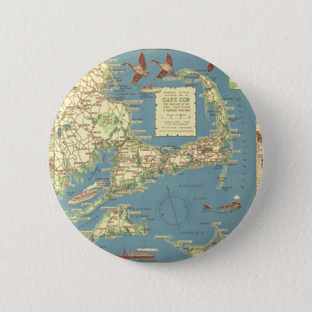 Vintage Cape Cod Map (1940) Pinback Button (Front)