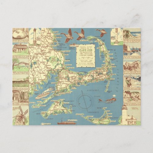 Vintage Cape Cod Map 1940 Postcard