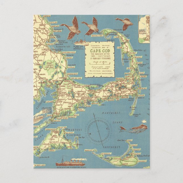 Vintage Cape Cod Map (1940) Postcard (Front)