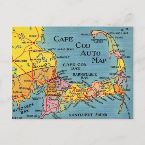 Vintage Cape Cod Map Postcard