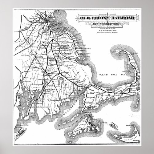 Vintage Cape Cod Old Colony Railroad Map 1875 Poster