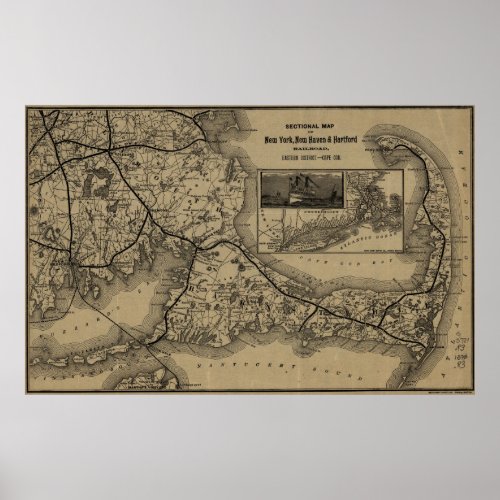 Vintage Cape Cod Railroad Map 1893 Poster