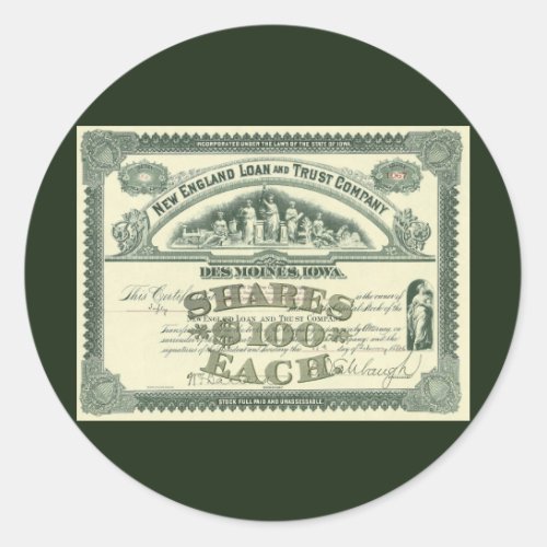 Vintage Capital Stock Certificate Business Finance Classic Round Sticker