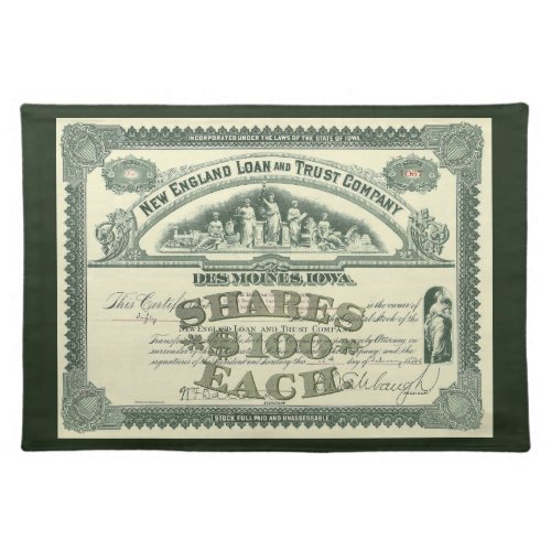 Vintage Capital Stock Certificate Business Finance Cloth Placemat