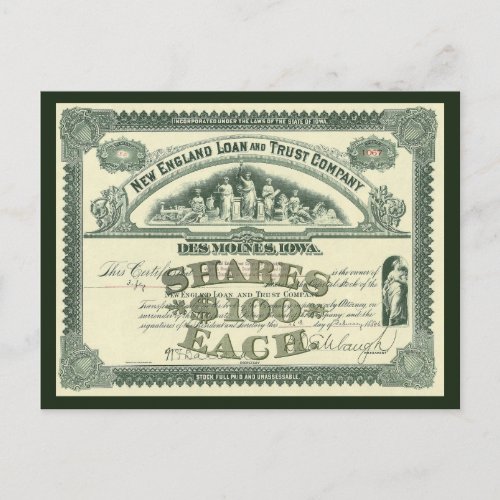 Vintage Capital Stock Certificate Business Finance Postcard
