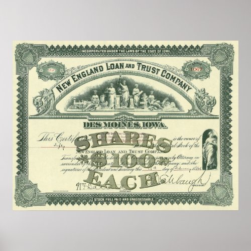 Vintage Capital Stock Certificate Business Finance Poster
