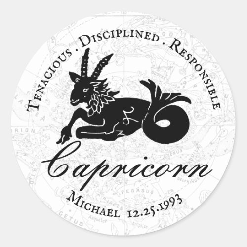  Vintage Capricorn Black White Zodiac Astrology Classic Round Sticker