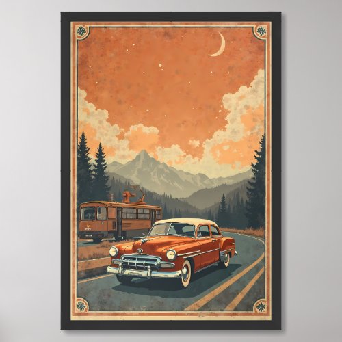  Vintage car and a bus traveling on a road