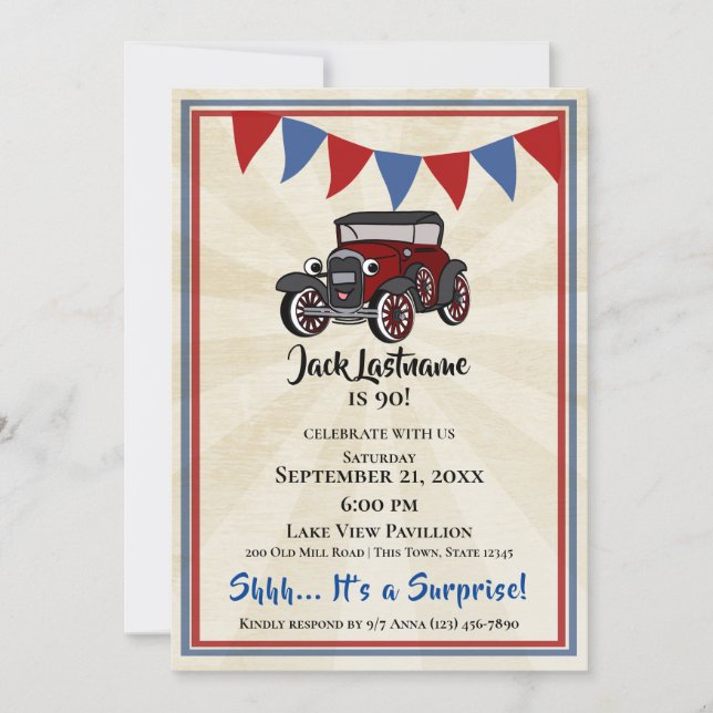 Vintage Car and Bunting Surprise Birthday Invitation (Front)