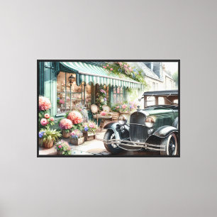 Vintage Car and Charming Flower Shop Watercolor Canvas Print