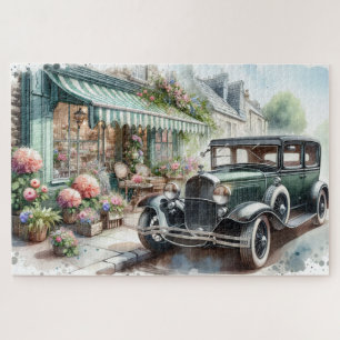 Vintage Car and Charming Flower Shop Watercolor Jigsaw Puzzle