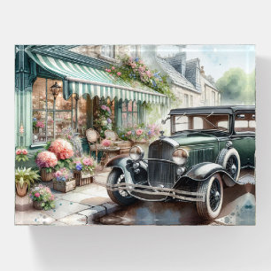 Vintage Car and Charming Flower Shop Watercolor Paperweight