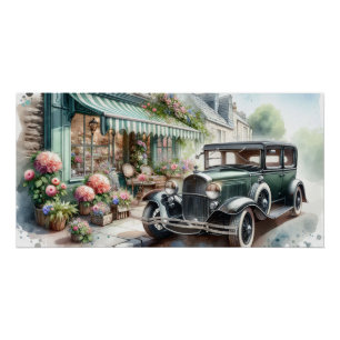 Vintage Car and Charming Flower Shop Watercolor Poster