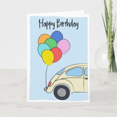 Vintage Car and Colorful Balloons Drawing Birthday Card