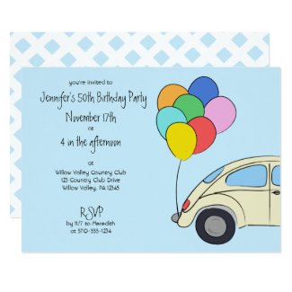 Vintage Car and Colorful Balloons Drawing Birthday Invitation