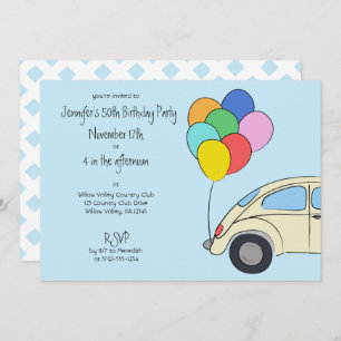 Vintage Car and Colorful Balloons Drawing Birthday Invitation