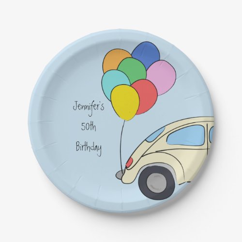 Vintage Car and Colorful Balloons Drawing Birthday Paper Plates