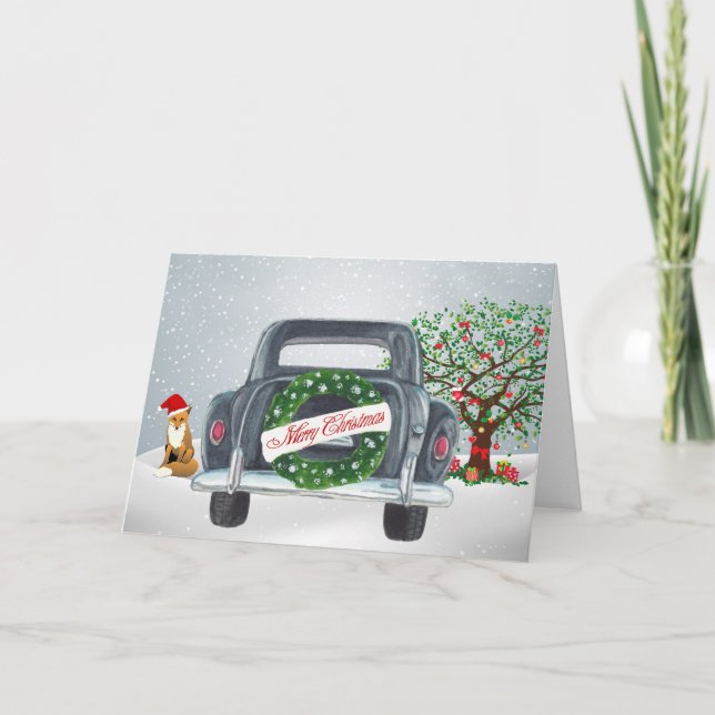 Vintage Car and Fox Christmas Card (Front)
