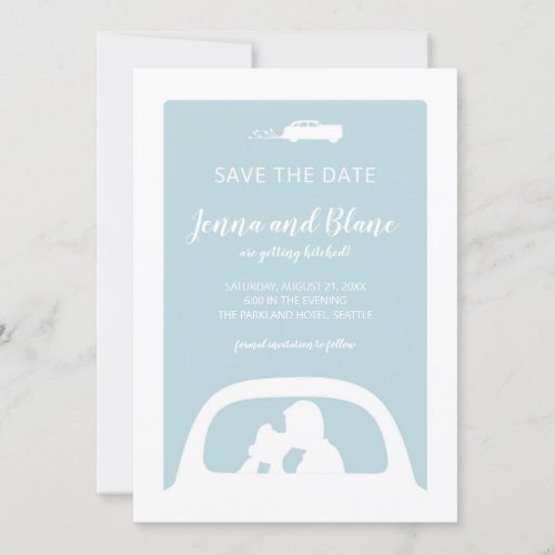 Vintage Car and Newlyweds Kissing Save the Date Invitation