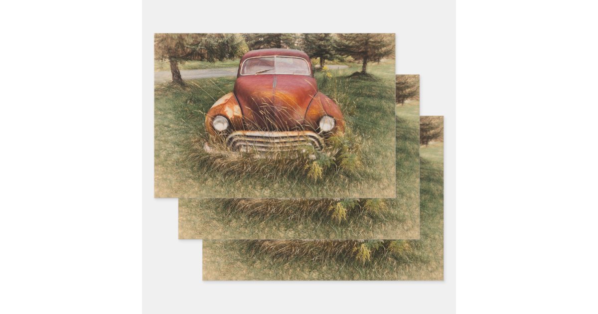 Vintage Car Antique Red Old Rustic Decoupage Wrapping Paper Sheets | Zazzle