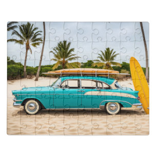 Vintage car at beach with surf board jigsaw puzzle