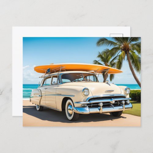 Vintage car at beach with surf board postcard