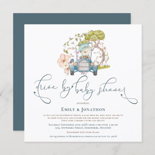Vintage Car Bear Turquoise Drive By Baby Shower Invitation