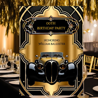 Vintage Car Birthday Party Gold Black 1930s Invitation