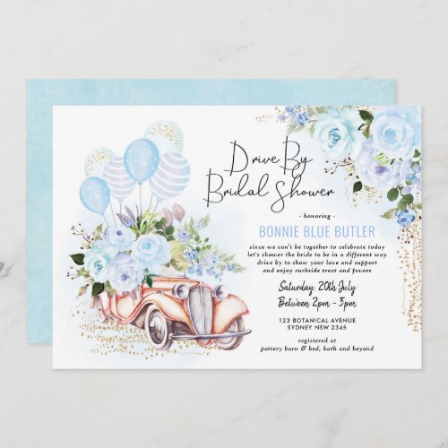 Vintage Car Blue Floral Drive By Bridal Shower Invitation