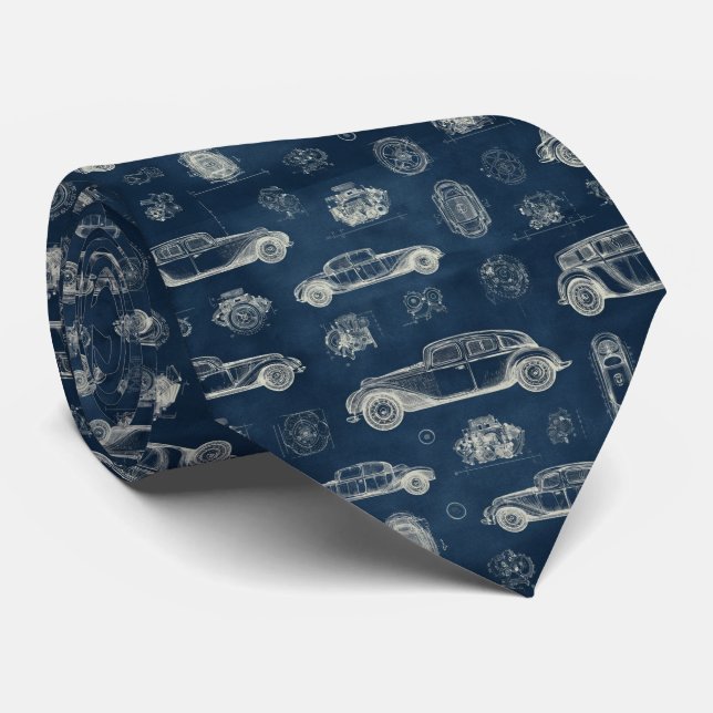 Vintage Car Blueprint Pattern Neck Tie (Rolled)