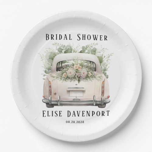 Vintage Car Blush Pink Sage Florals Bridal Shower Paper Plates