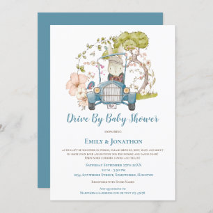 Vintage Car Bunny Foliage boy Drive By Baby Shower Invitation
