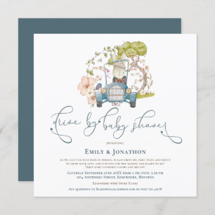 Vintage Car Bunny Turquoise Drive By Baby Shower Invitation