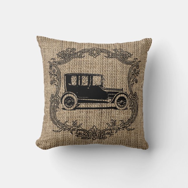 Vintage Car Burlap Throw Pillow (Front)