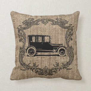 Vintage Car Burlap Throw Pillow