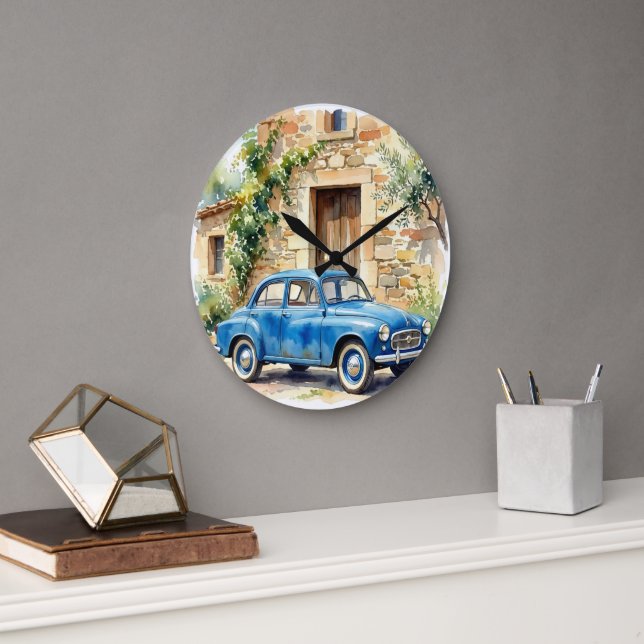Vintage Car by a Stone Cottage Large Clock (Office)