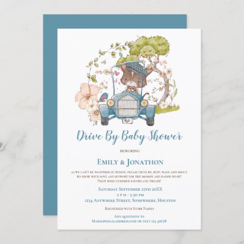 Vintage Car Cat Turquoise boy Drive By Baby Shower Invitation