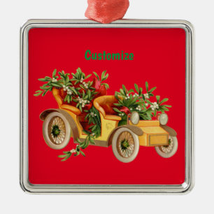 Vintage Car Christmas Mistletoe Thunder_Cove Metal Ornament