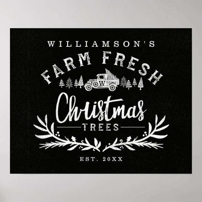 Vintage Car Christmas Tree Delivery Black & White Poster (Front)