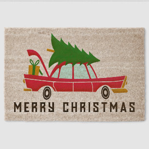 Vintage Car Christmas Tree Merry Christmas Fiber Doormat