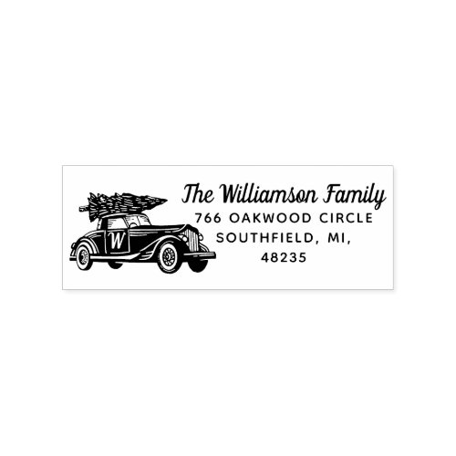 Vintage Car Christmas Tree Monogram Address Rubber Stamp