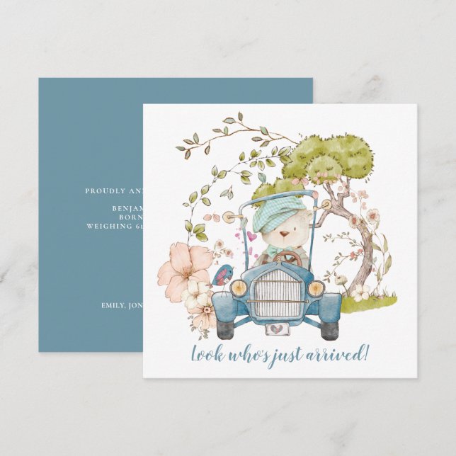 Vintage Car Cute Bear Boy Birth Announcement (Front/Back)