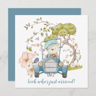 Vintage Car Cute Bear Boy Birth Announcement