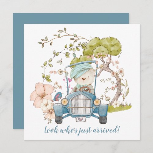 Vintage Car Cute Bear Boy Birth Announcement