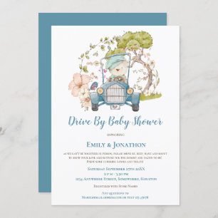 Vintage Car Cute Bear Boy Drive By Baby Shower Invitation
