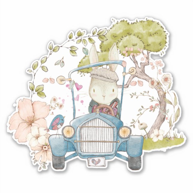 Vintage Car Cute Bunny Botanical Baby boy Sticker (Front)