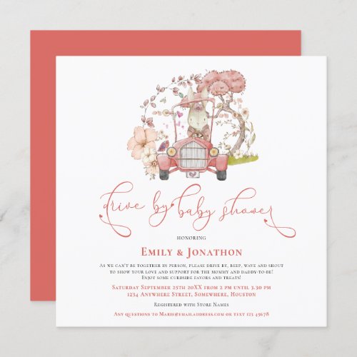 Vintage Car Cute Bunny Coral Drive By Baby Shower Invitation